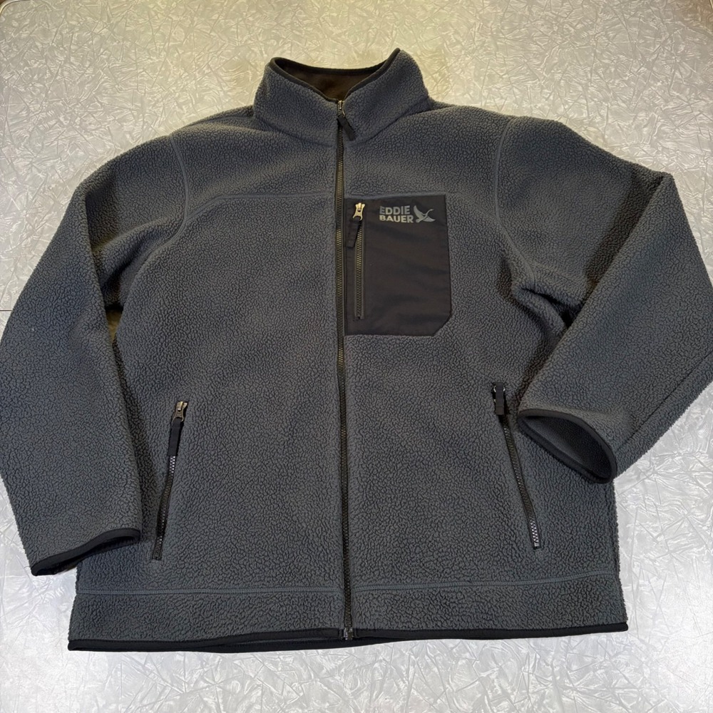 Eddie Bauer Mens Full Zip Sherpa Fleece Jacket Gray Large Mock Neck Hiking Coat